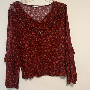 Sonoma Blouse Maroon w Floral Long Sleeve Ruffle Tie Neck